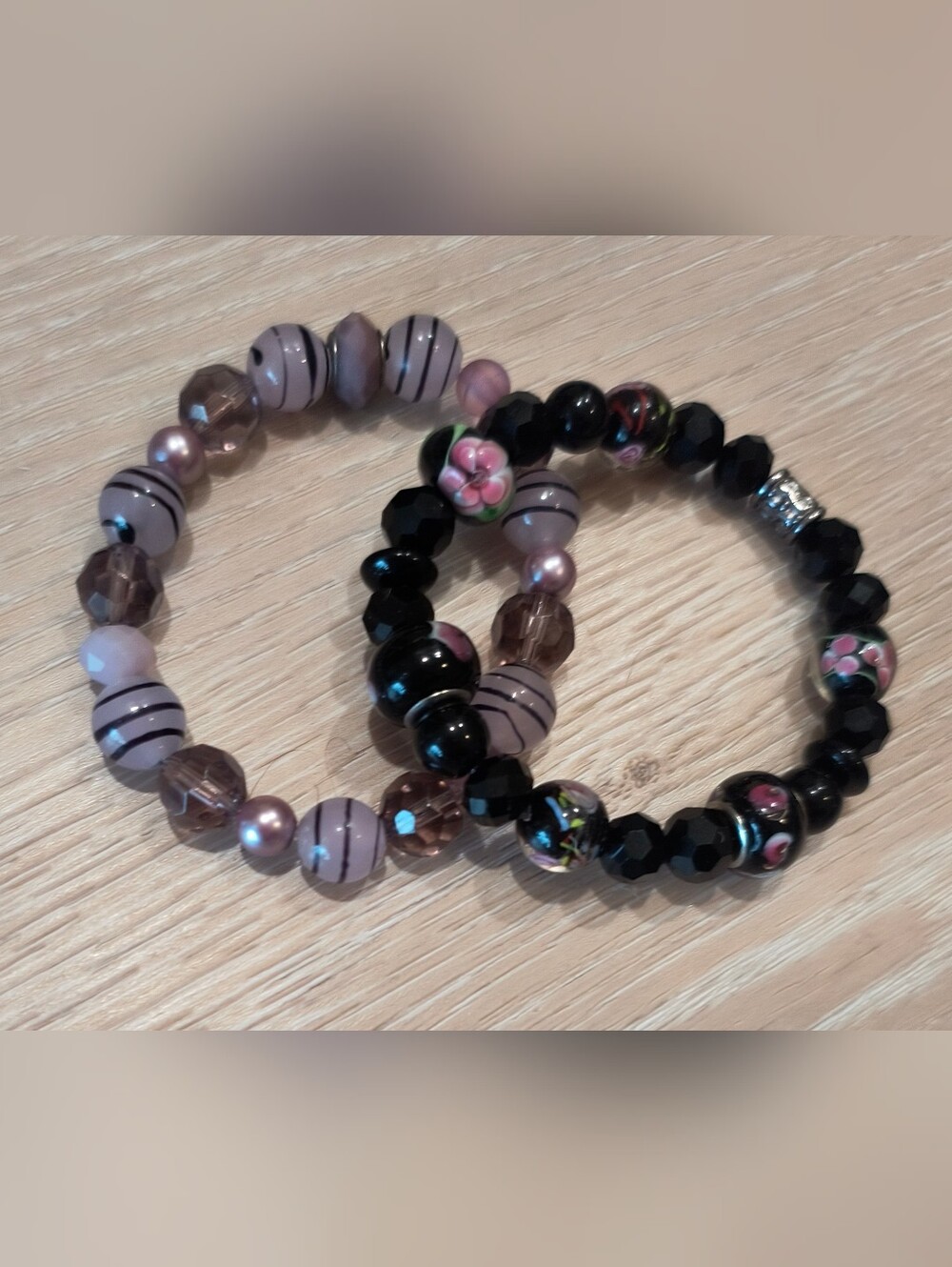 Handmade Beaded Bracelet Set in Black and Mauve